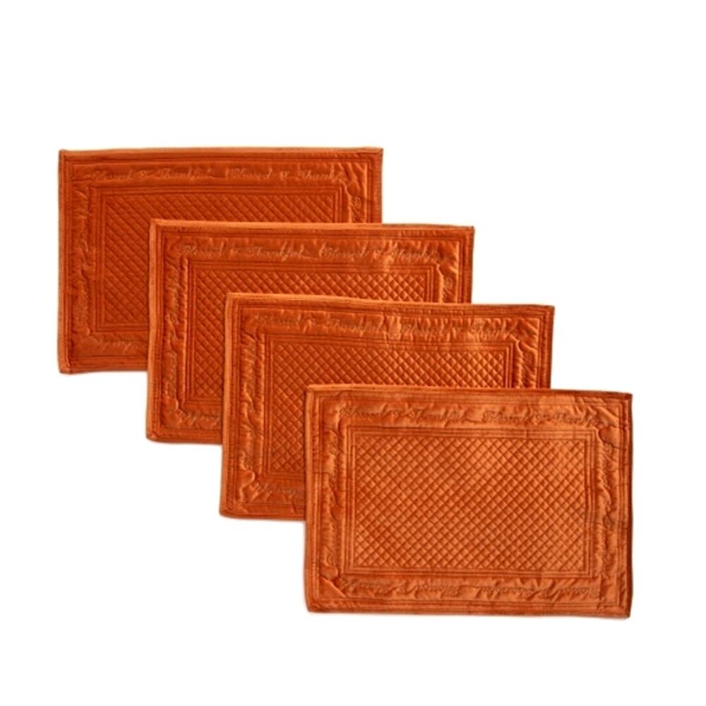 4 TAHARI Velvet Velour Fall Placemats 13x19 Auburn "Blessed & Thankful" NEW
